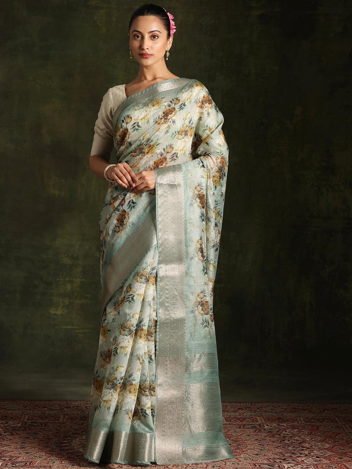 Green Printed Silk Blend Saree With Unstitched Blouse Piece - Libas