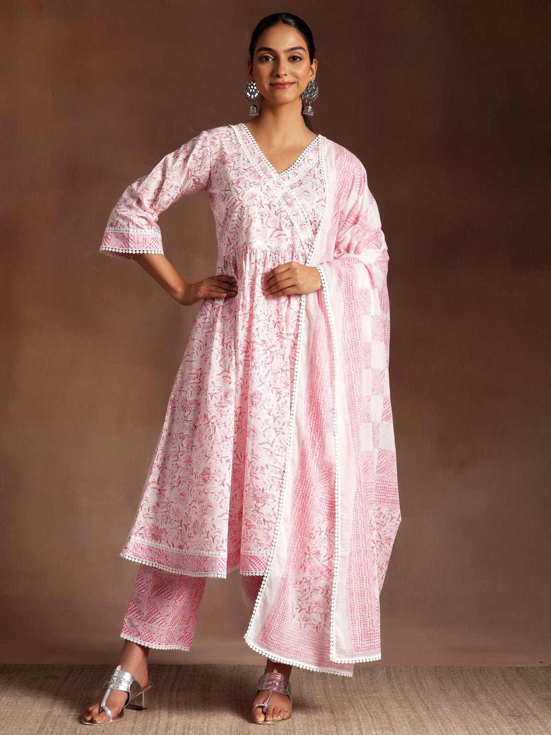 Tabassum Pink Printed Cotton A-Line Kurta With Palazzos & Dupatta - Libas