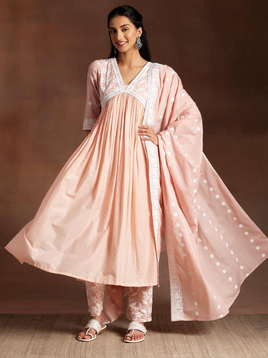 Peach Embroidered Cotton A-Line Kurta With Palazzos & Dupatta - Libas 