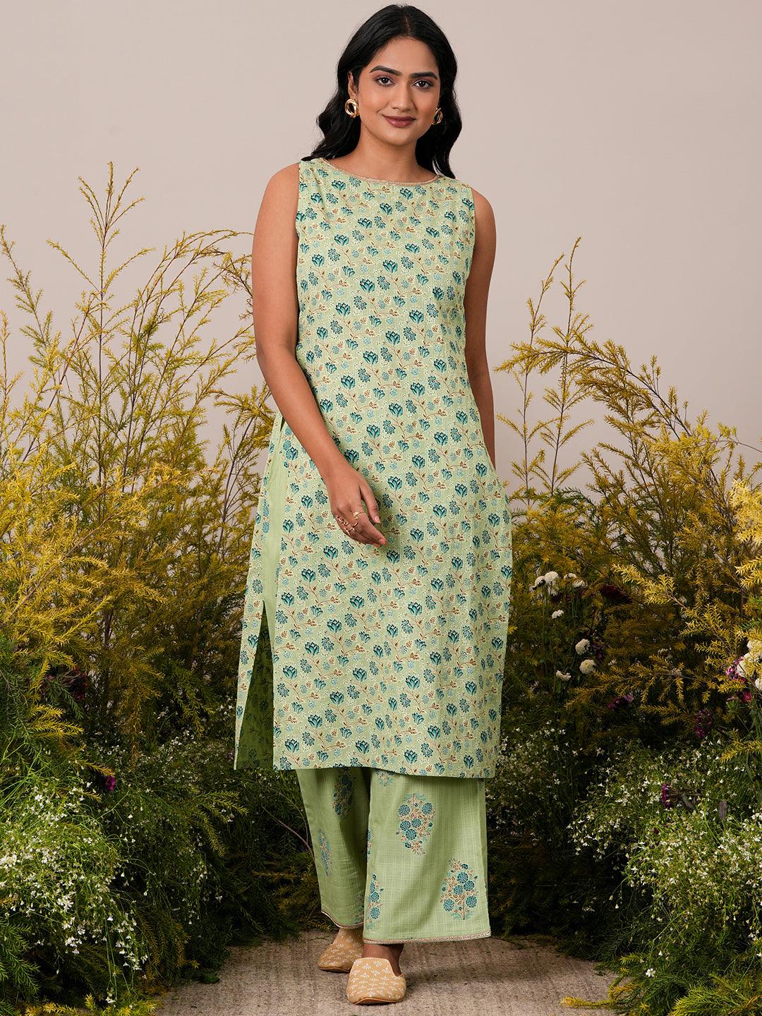 Green Printed Cotton Straight Kurta Set - Libas