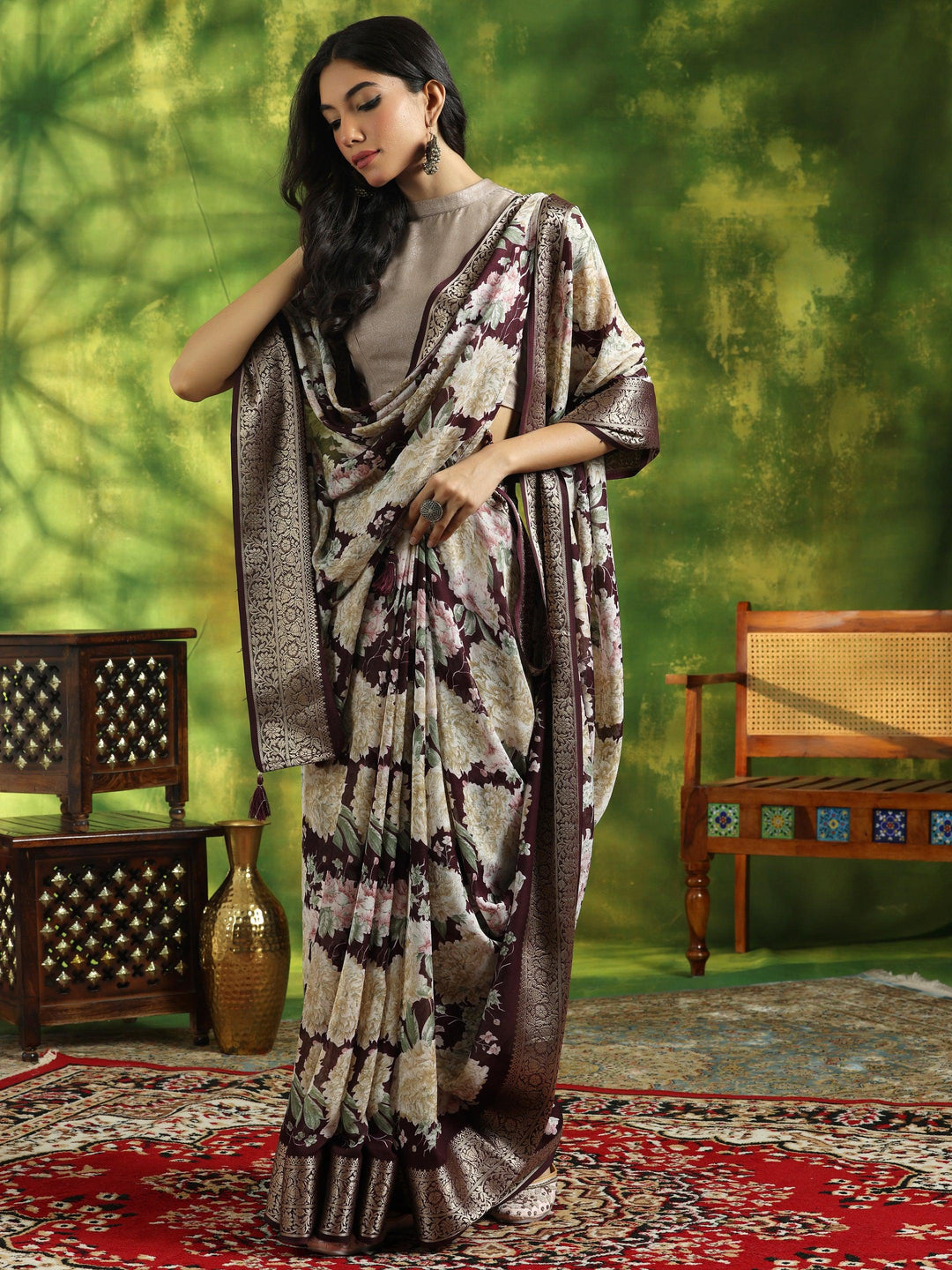 Wine Printed Silk Blend Saree With Unstitched Blouse Piece - Libas