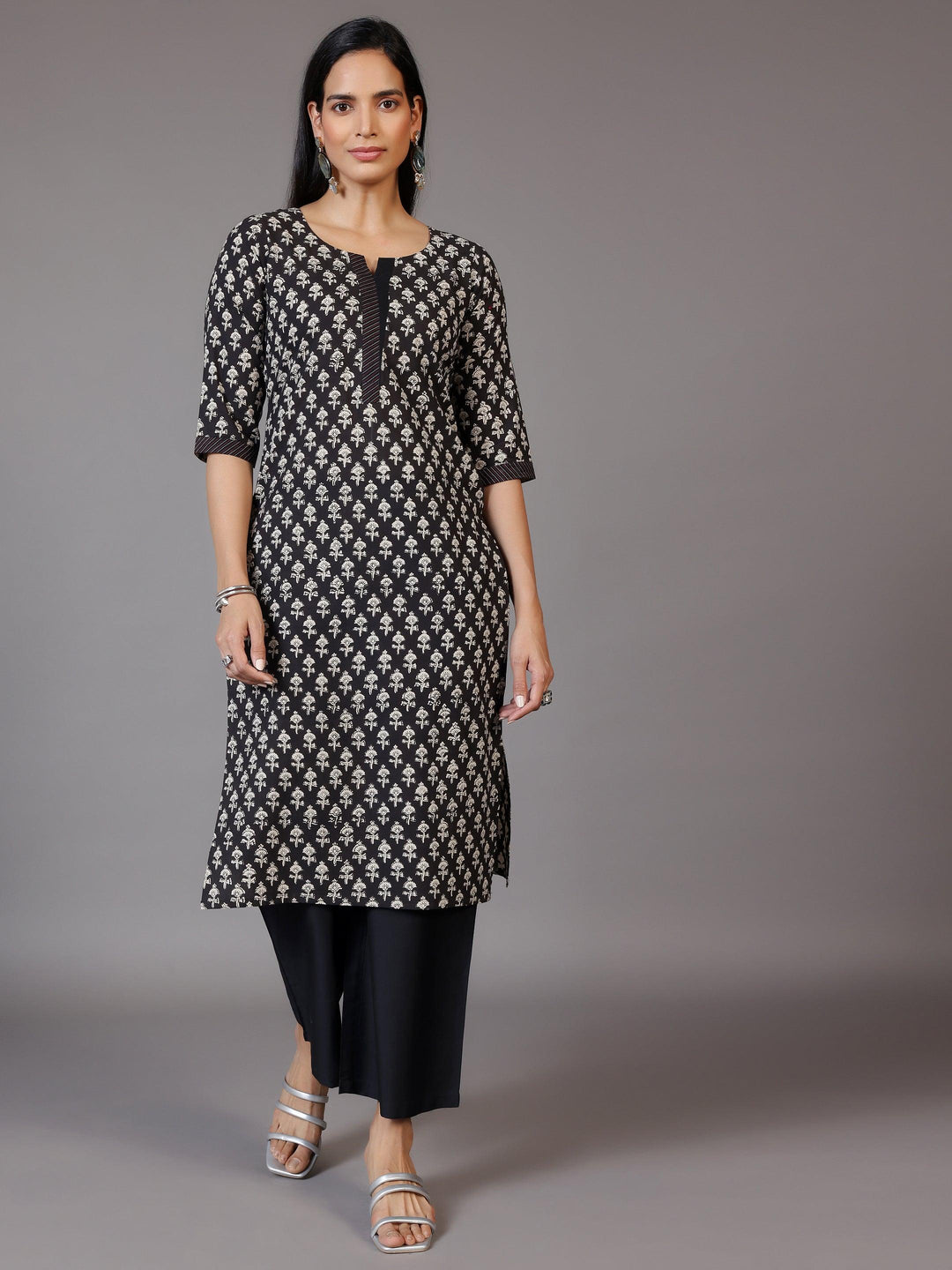 Black Printed Cotton Straight Kurta - Libas