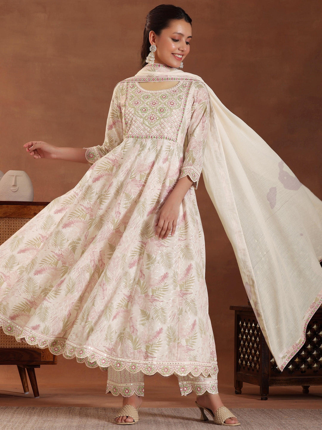 Pink Embroidered Pure Cotton A-line Kurta With Sharara & Dupatta - Libas 