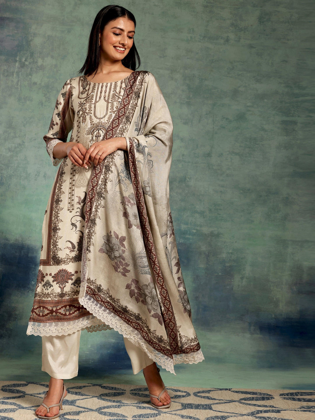 Ivory Printed Silk Blend Straight Suit With Dupatta - Libas 