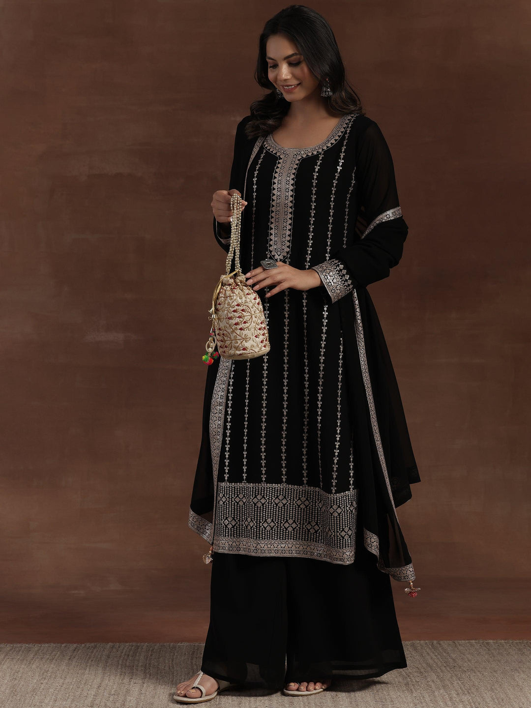 Black Embroidered Georgette Straight Suit With Dupatta - Libas