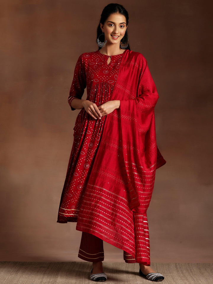 Zainab Red Printed Rayon A-Line Kurta With Palazzos & Dupatta - Libas