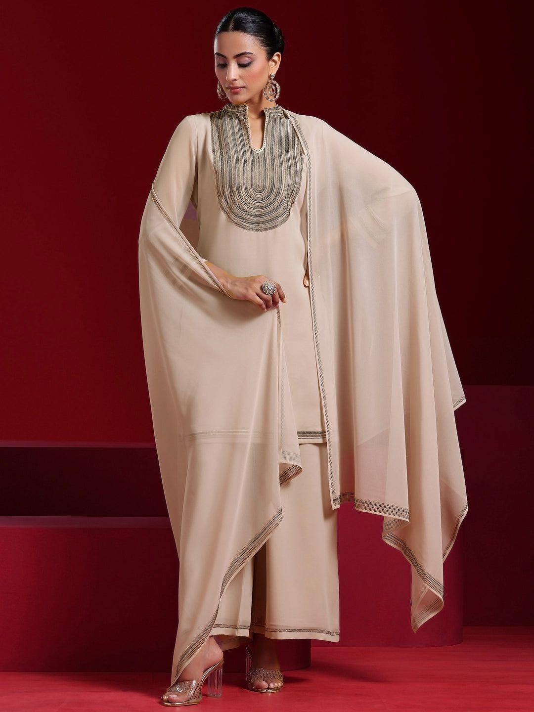 Libas Art Beige Yoke Design Georgette Straight Suit With Dupatta