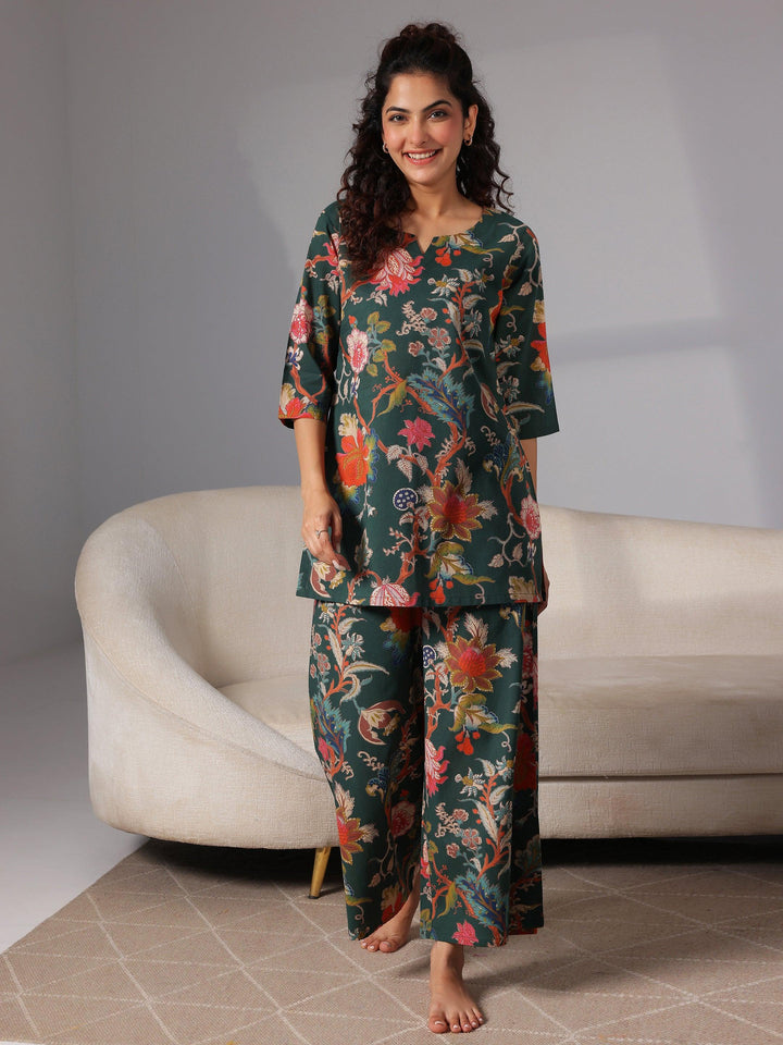 Green Printed Cotton Night Suits - Libas