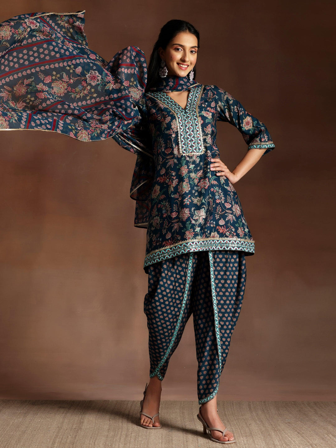 Blue Printed Silk Blend Straight Suit With Dupatta - Libas 