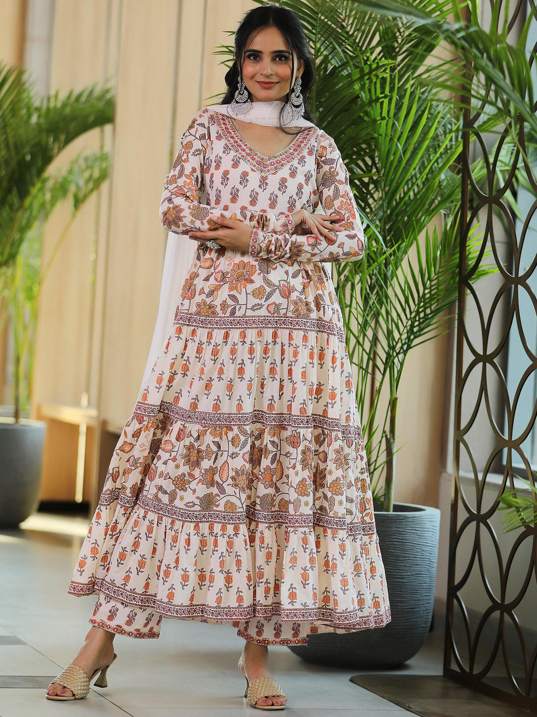 Off white Printed Cotton A-Line Kurta With Palazzos & Dupatta - Libas 