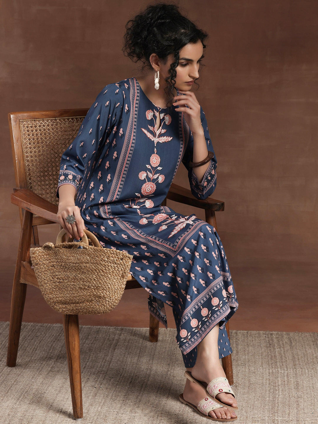 Blue Printed Poly Crepe Straight Kurta Set - Libas 