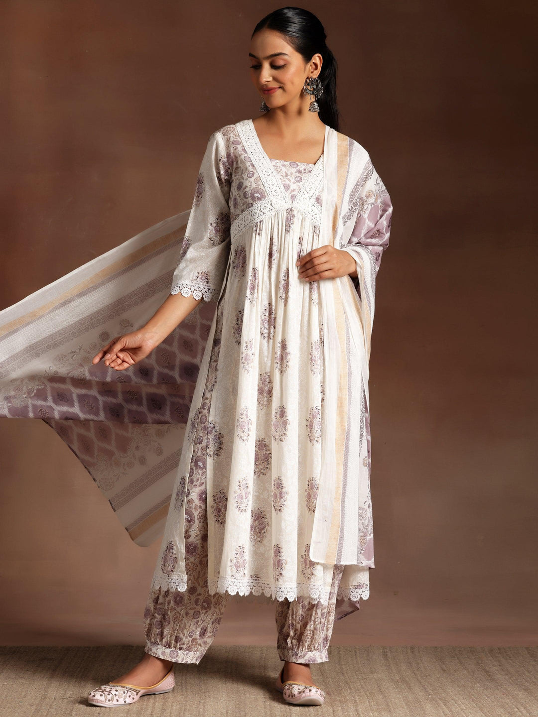 Jannat White Printed Cotton A-Line Kurta With Salwar & Dupatta - Libas 