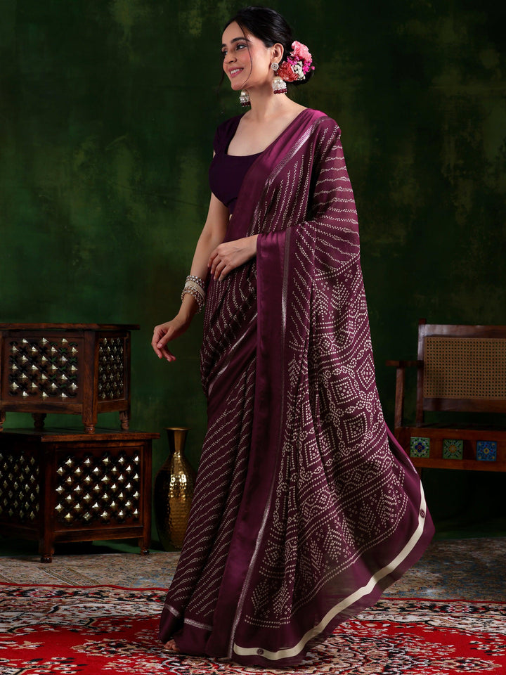 Maroon Printed Satin Saree With Unstitched Blouse Piece - Libas