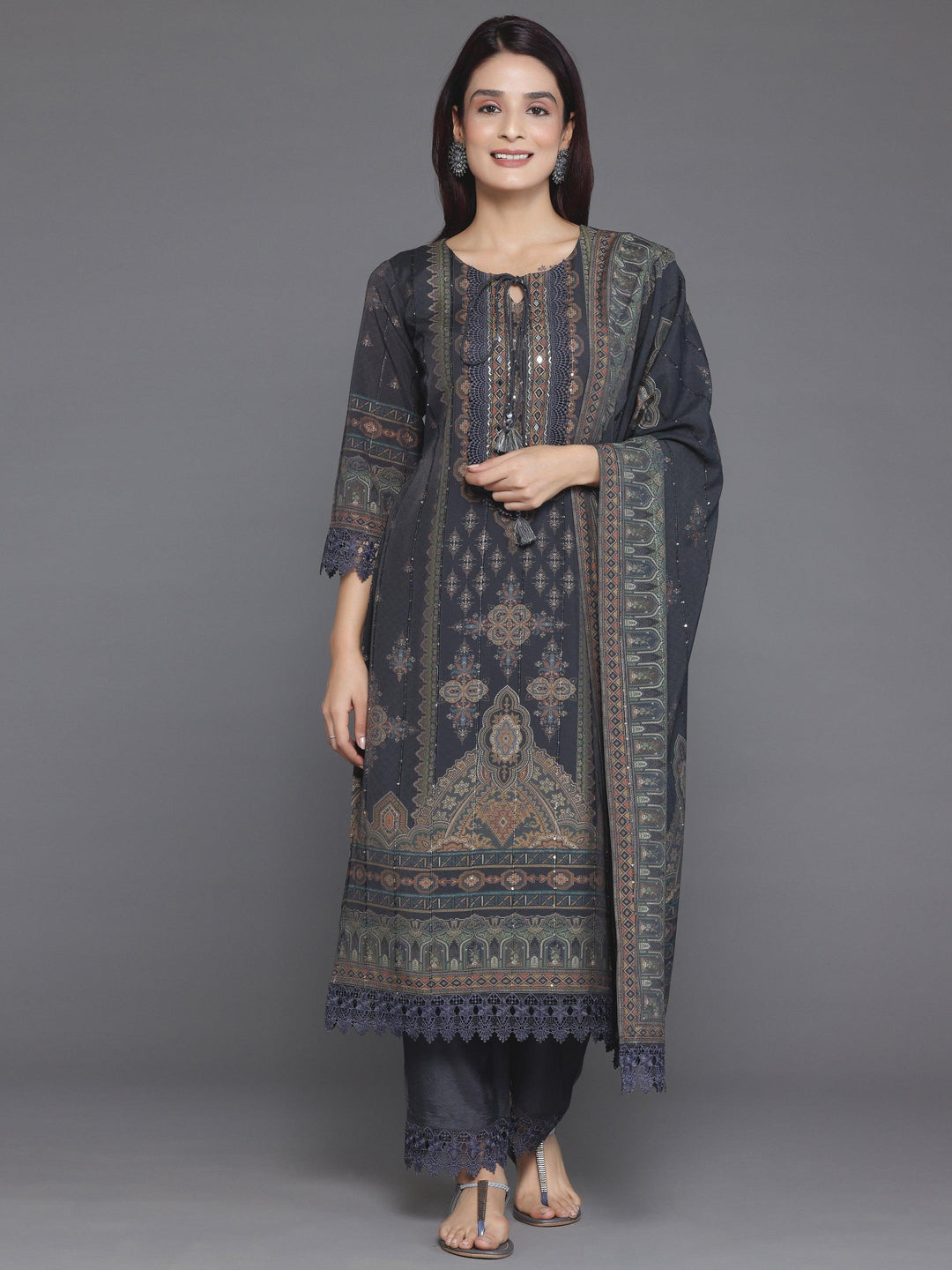 Grey Printed Silk Blend Straight Suit With Dupatta - Libas