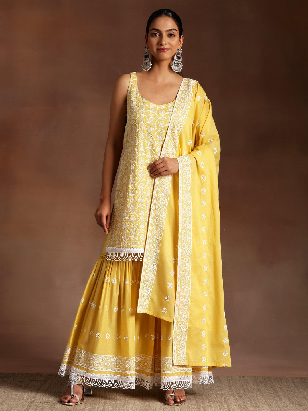 Mustard Embroidered Cotton Straight Suit With Dupatta - Libas 