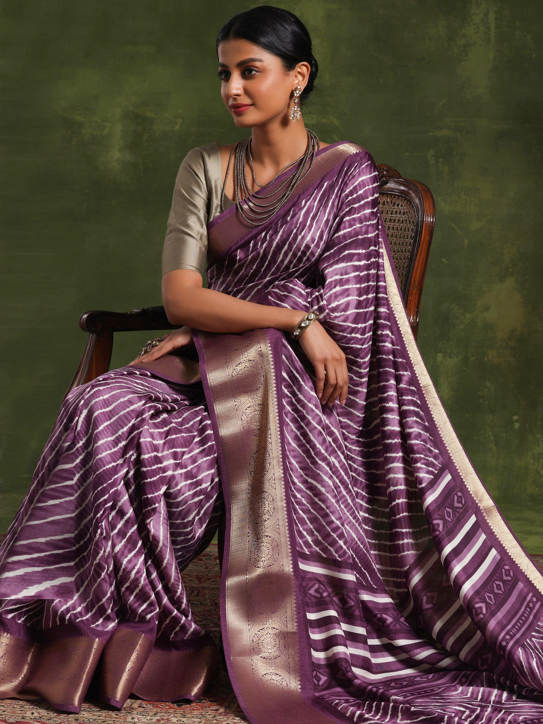 Mauve Printed Silk Blend Saree With Unstitched Blouse Piece - Libas