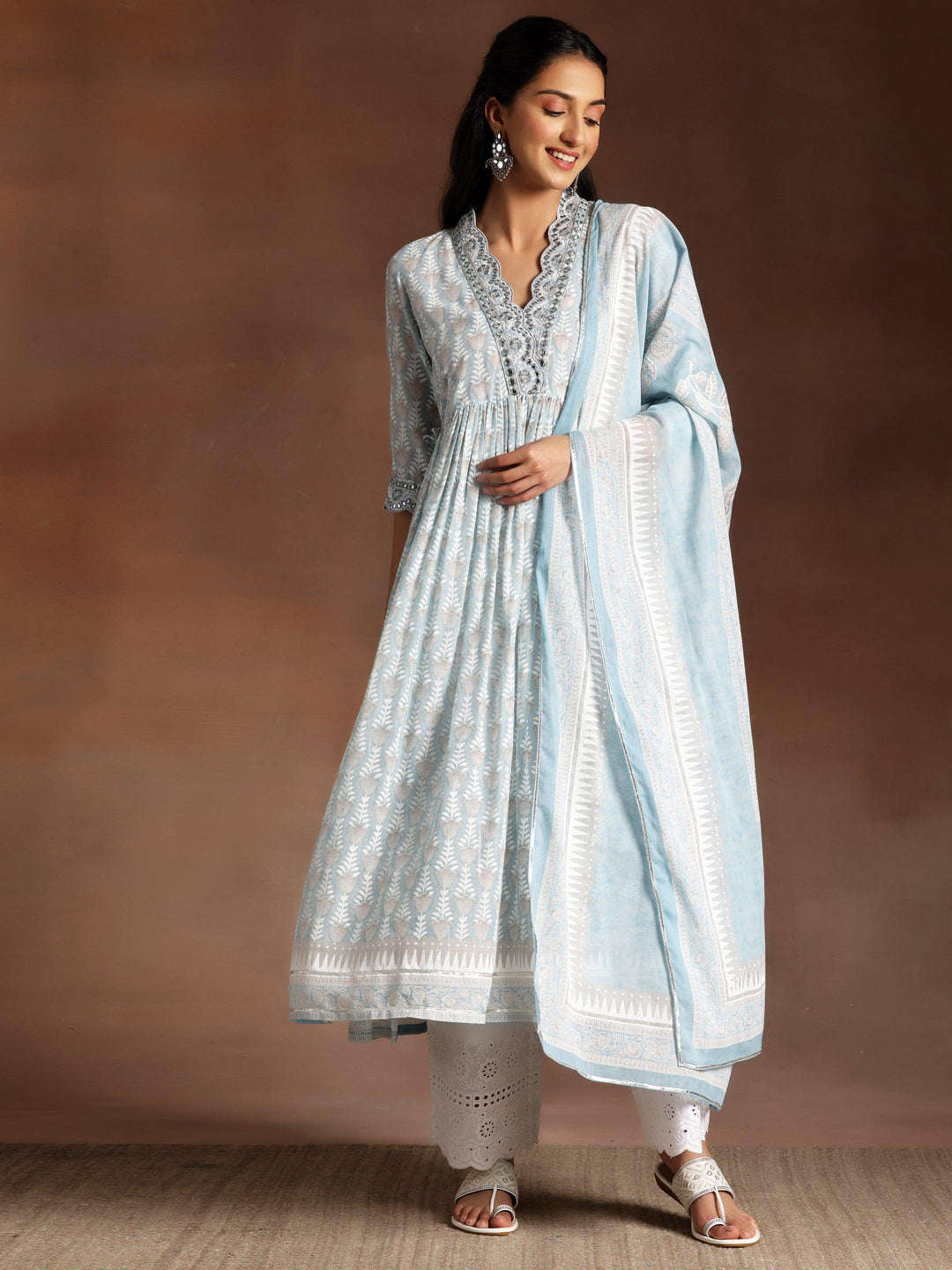 Grey Printed Cotton A-Line Kurta With Palazzos & Dupatta - Libas