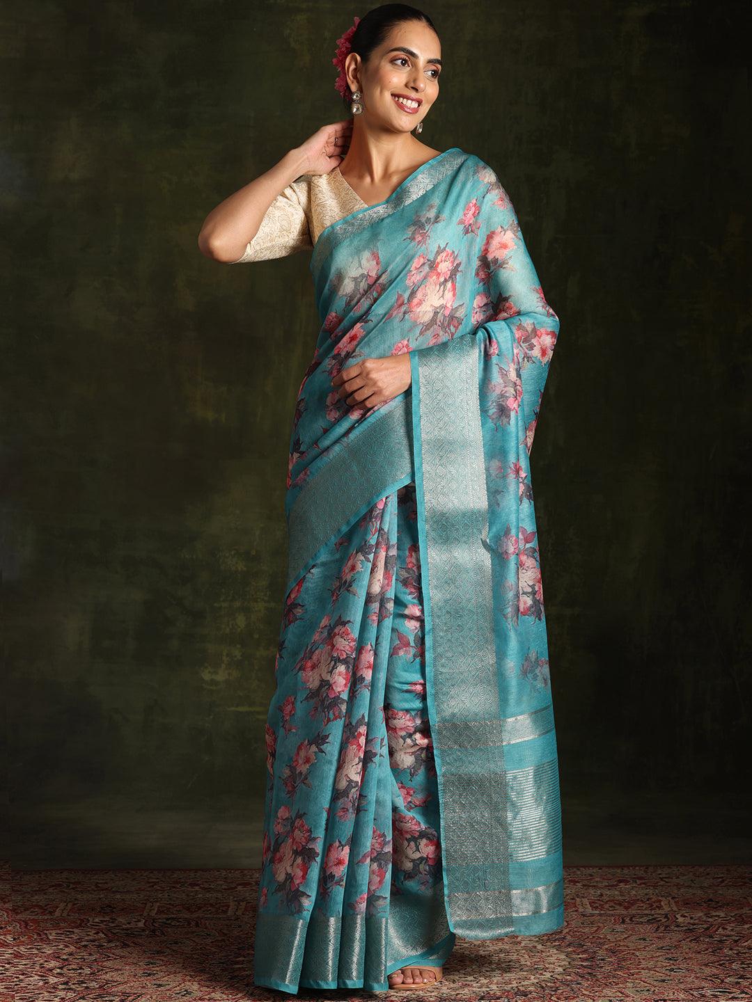 Rama Green Printed Silk Blend Saree With Unstitched Blouse Piece