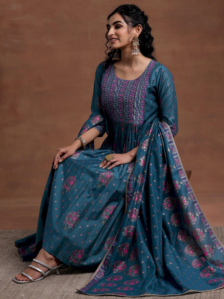 Blue Printed Silk Blend A-Line Kurta With Palazzos & Dupatta - Libas