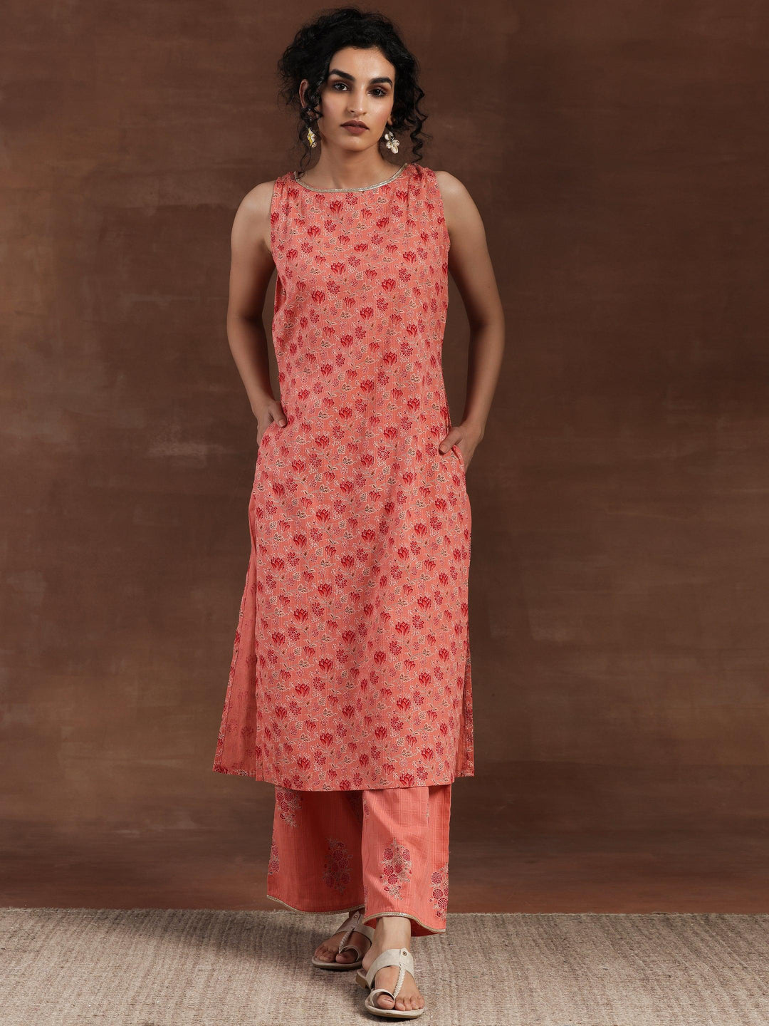 Peach Printed Cotton Straight Kurta Set - Libas