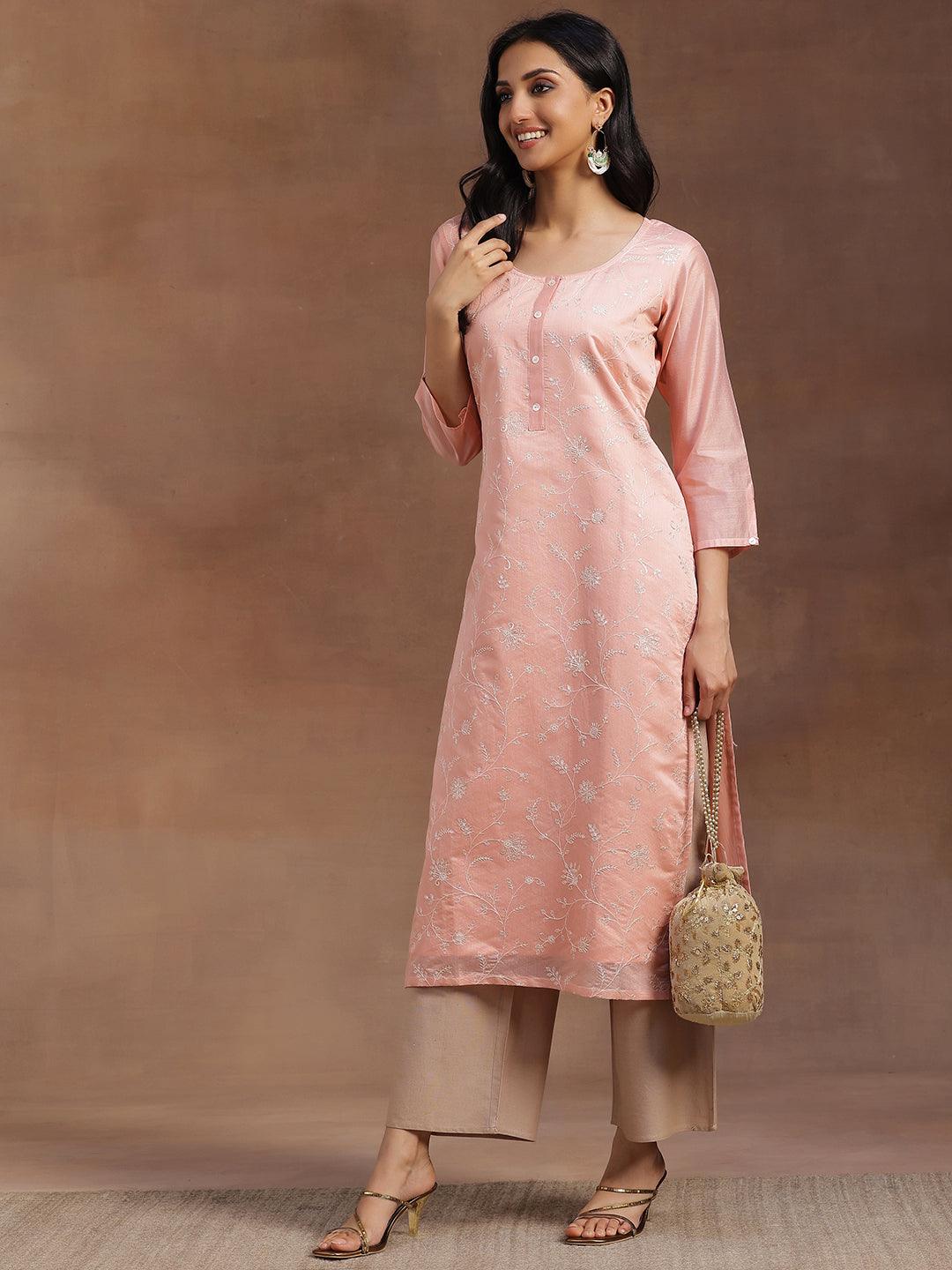 Peach Embroidered Chanderi Silk Straight Kurta - Libas