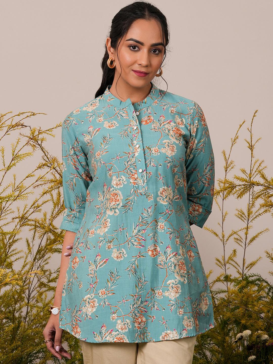 Blue Printed Silk Blend A-Line Kurti - Libas 