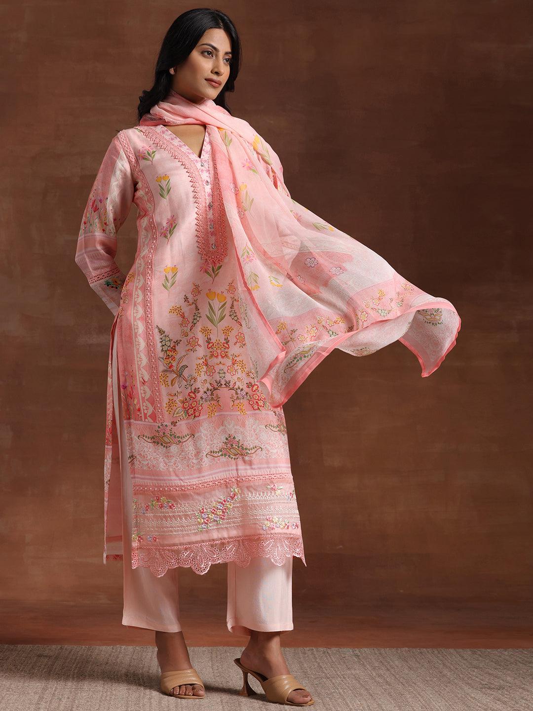 Pink Printed Silk Blend Straight Suit With Dupatta - Libas 