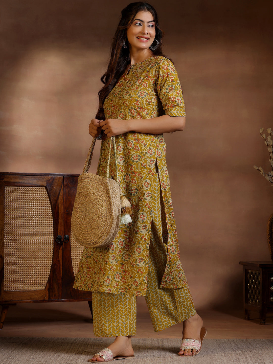  Mustard Printed Cotton Straight Kurta Set 