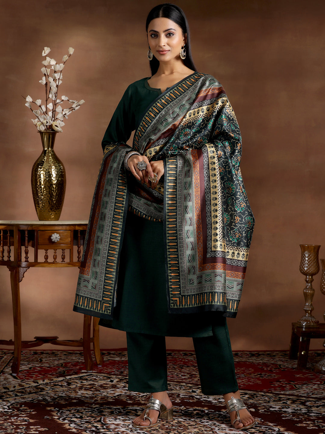 Green Solid Cotton Blend Straight Suit With Dupatta