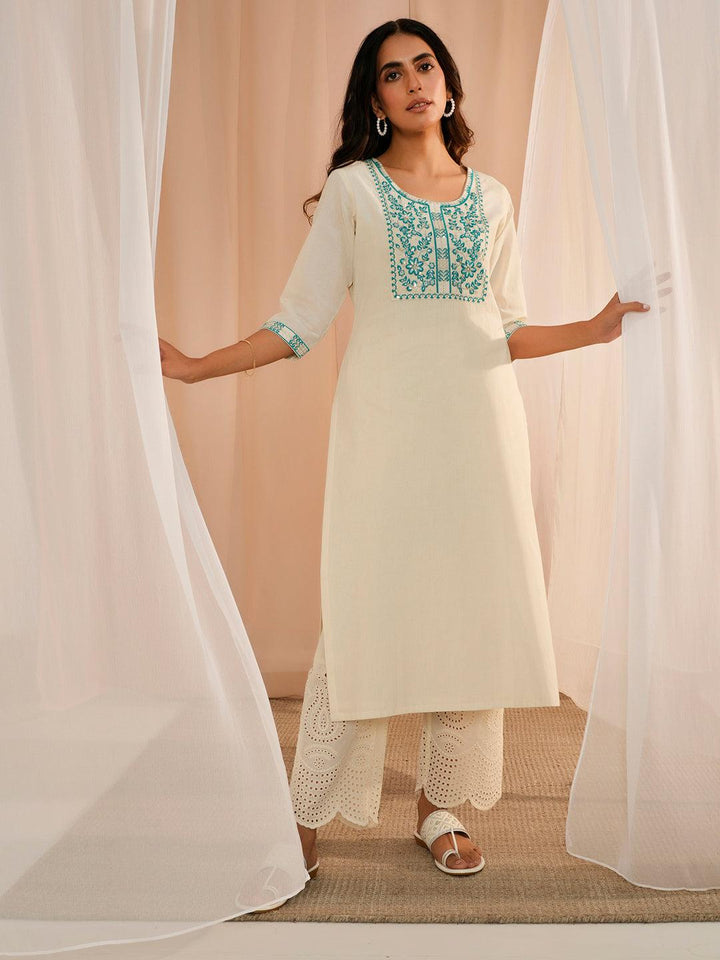 Off White Yoke Design Cotton Straight Kurta - Libas