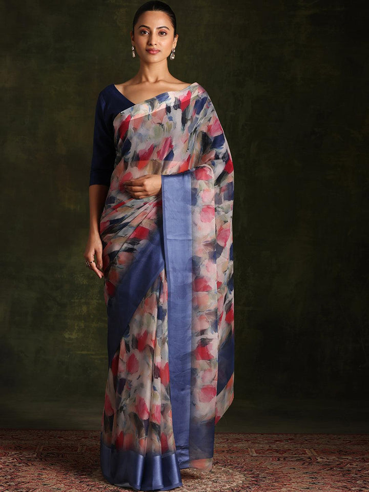 Multicoloured Printed Silk Blend Saree With Unstitched Blouse Piece - Libas