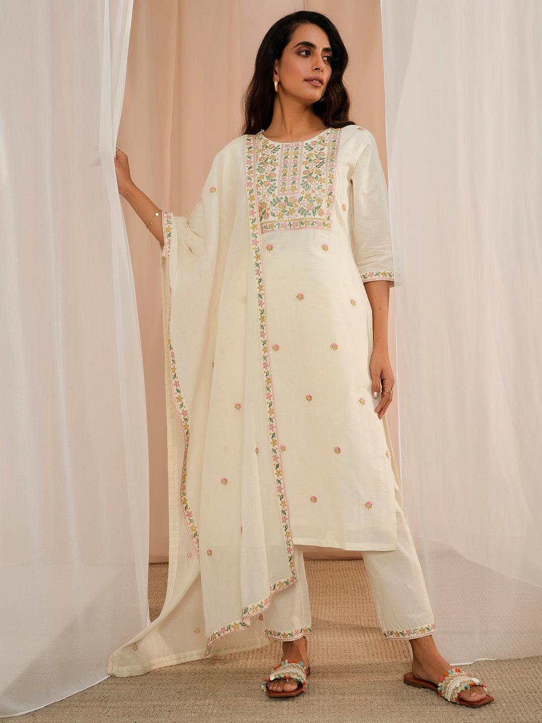 Off White Yoke Design Cotton Straight Suit With Dupatta - Libas