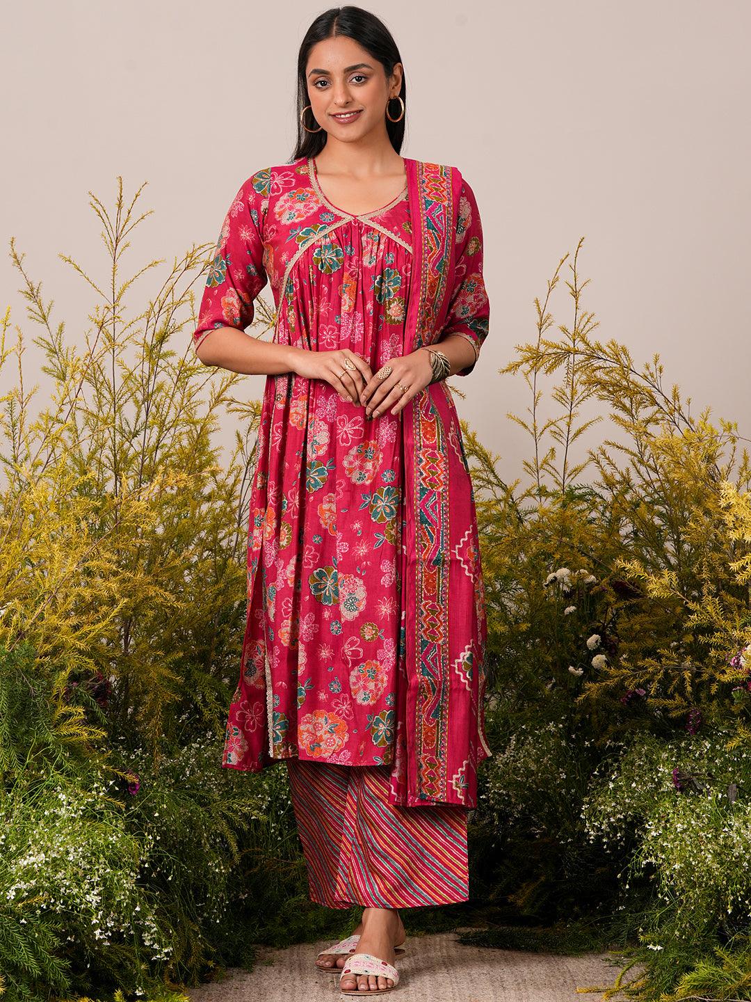 Pink Printed Silk Blend A-Line Kurta With Palazzos & Dupatta - Libas 