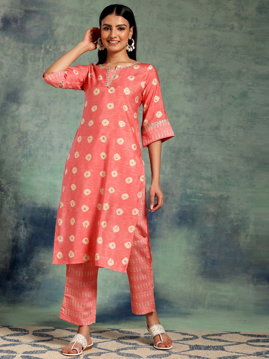 Peach Printed Silk Blend Straight Kurta Set - Libas 