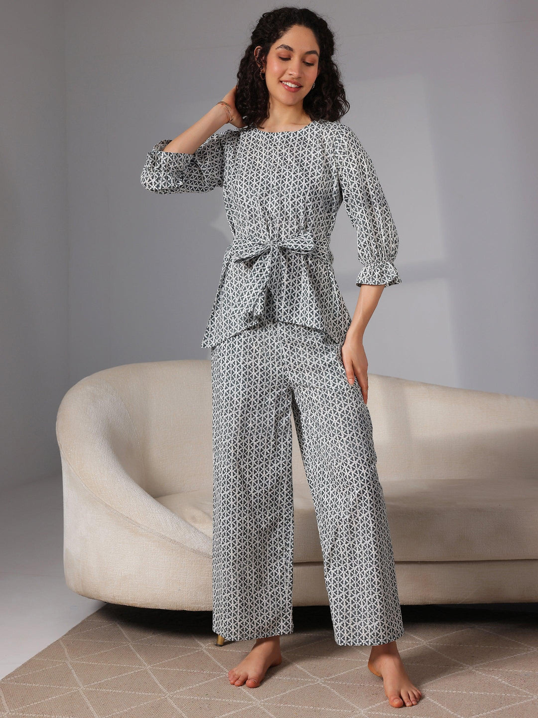 Grey Printed Cotton Night Suits - Libas 