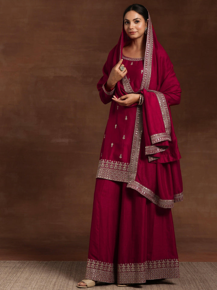 Pink Embroidered Silk Blend Straight Suit With Dupatta - Libas