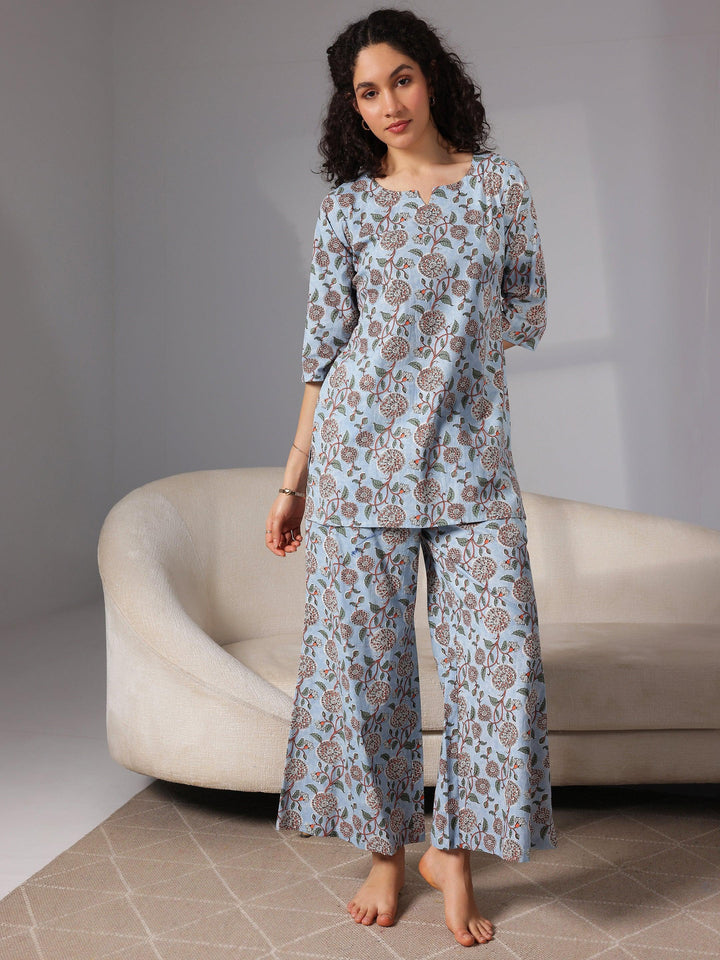 Blue Printed Cotton Night Suits - Libas