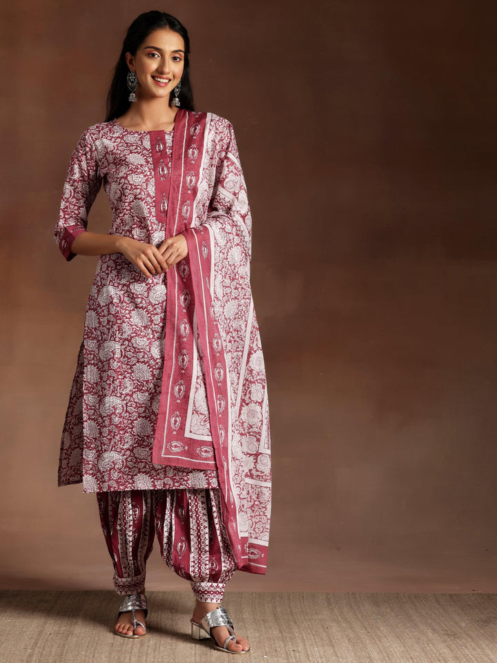 Wine Printed Cotton Straight Suit With Dupatta - Libas