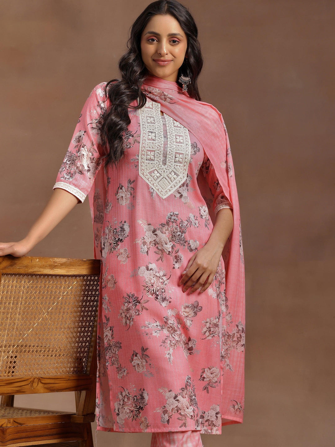 Pink Printed Cotton Straight Suit With Dupatta - Libas 