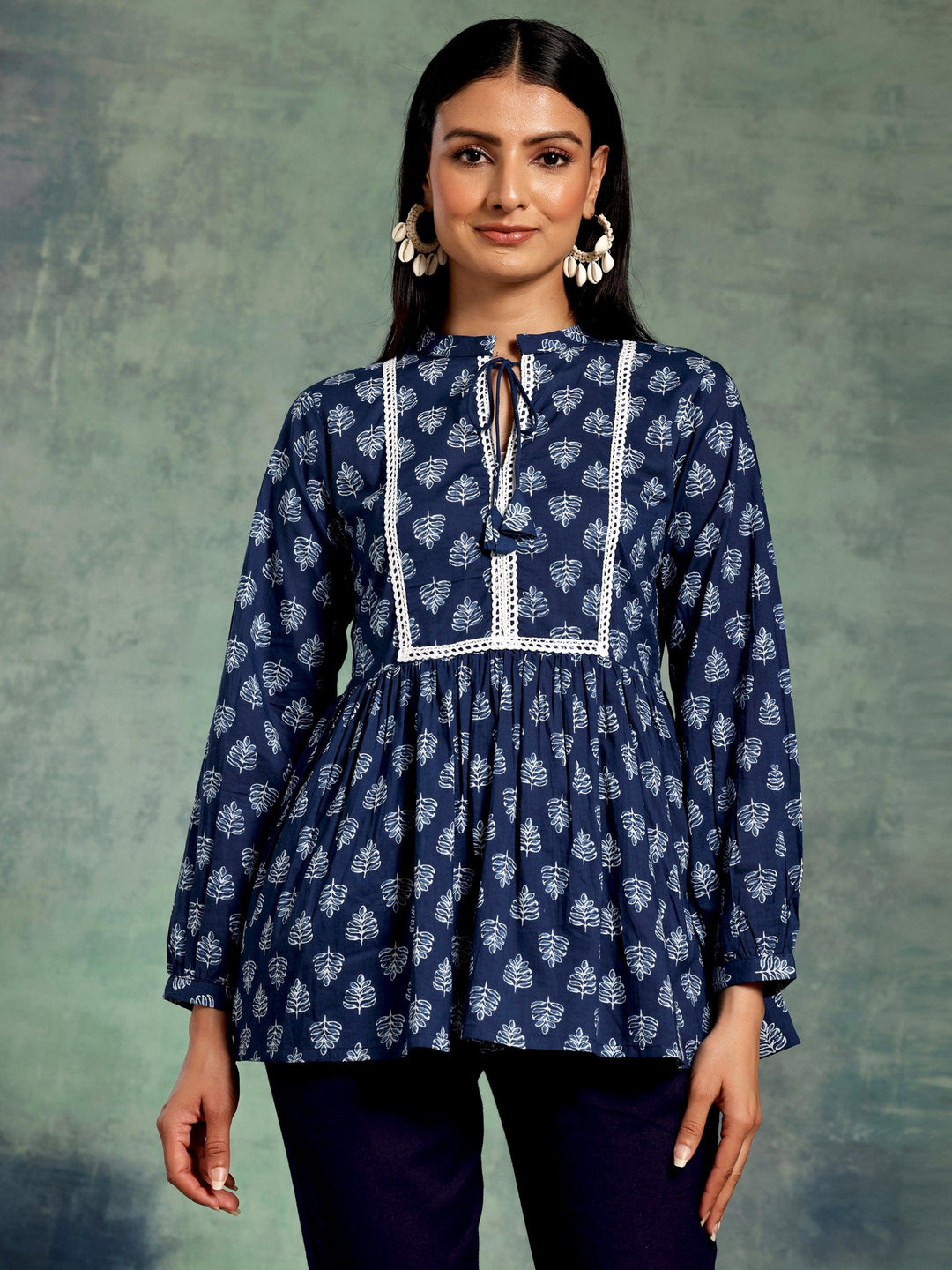 Blue Yoke Design Cotton A-Line Kurti - Libas