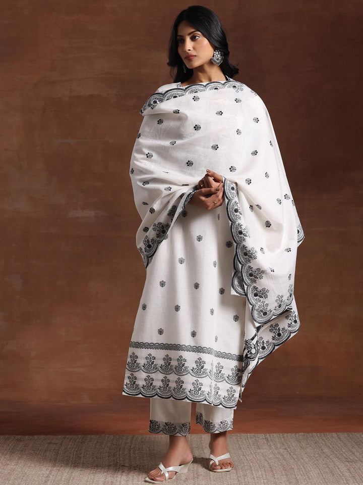 White Woven Design Cotton Straight Suit With Dupatta - Libas