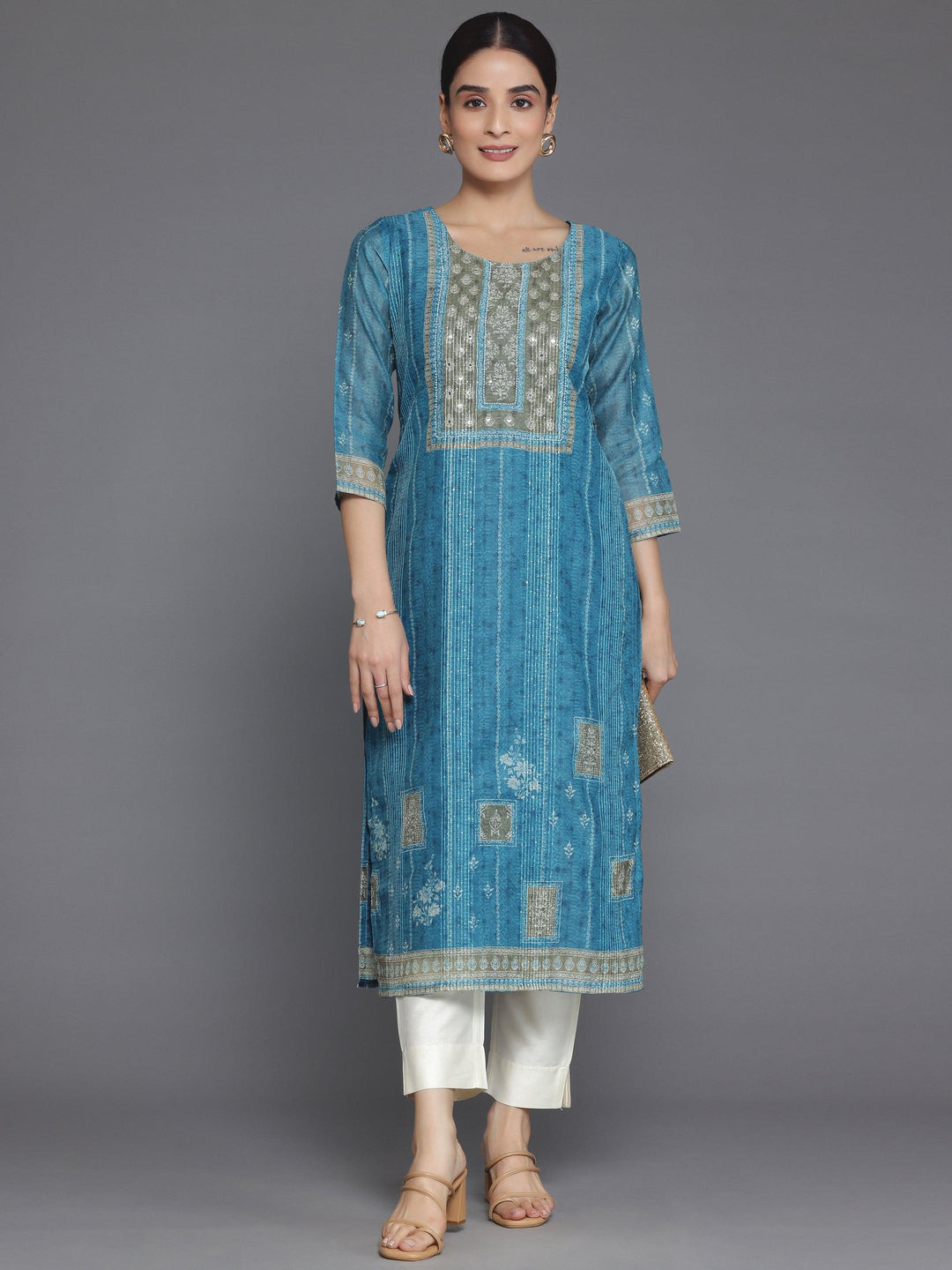 Blue Embellished Chanderi Silk Straight Kurta - Libas 