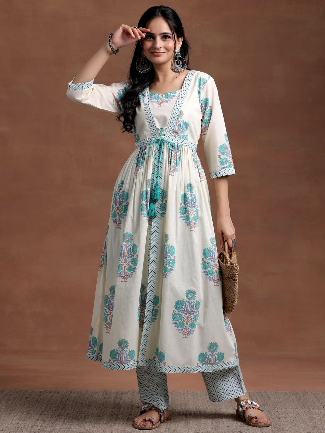 Off white Printed Cotton Straight Kurta Set - Libas 