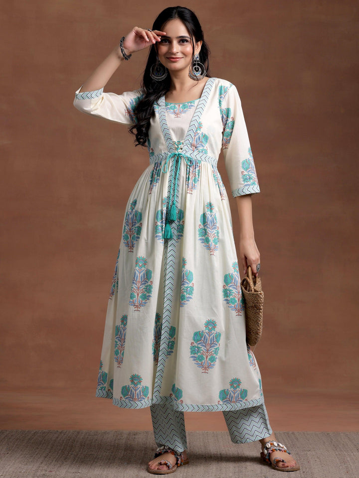 Off white Printed Cotton Straight Kurta Set - Libas