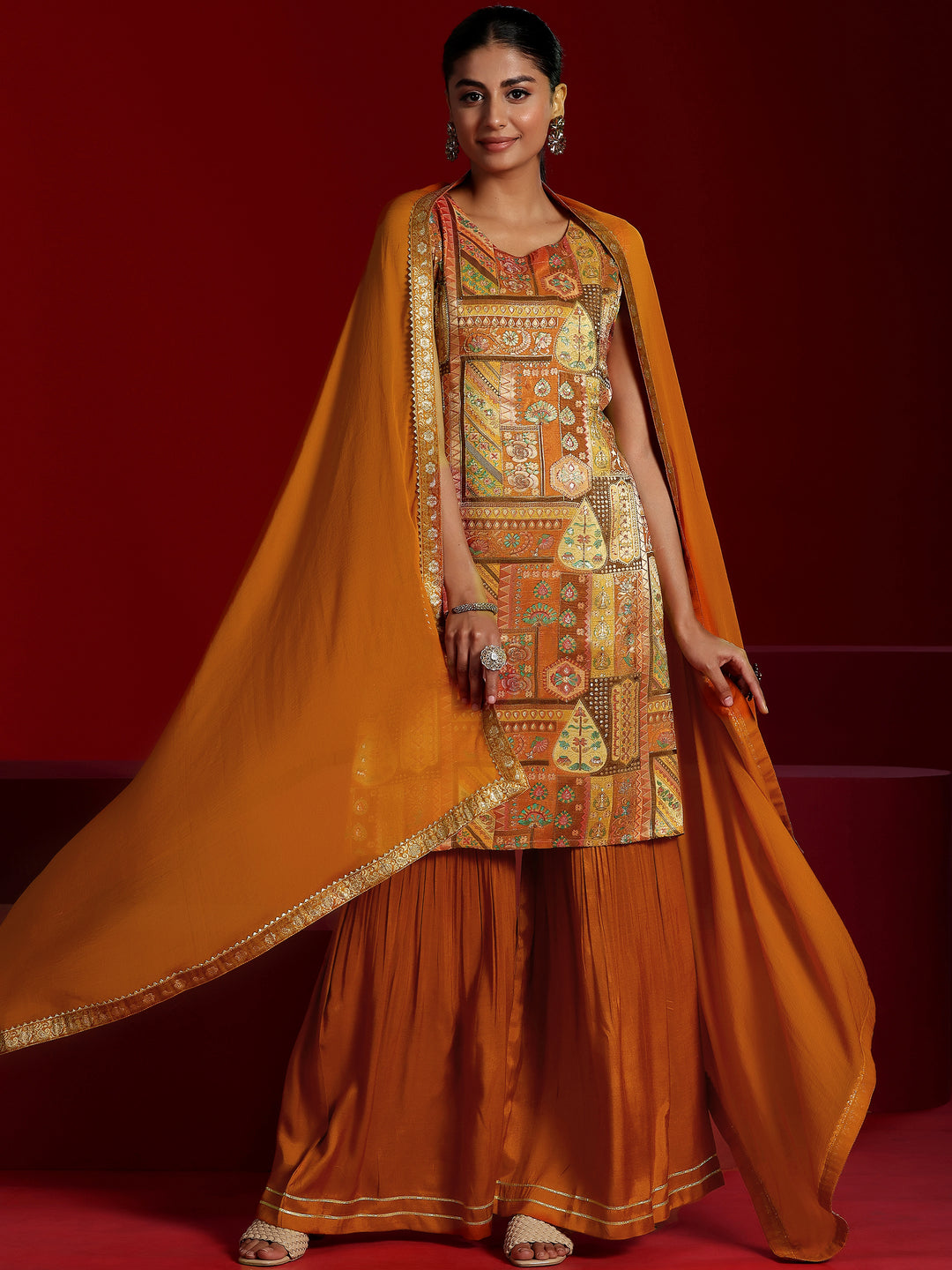 Libas Art Orange Woven Design Silk Blend Straight Suit With Dupatta