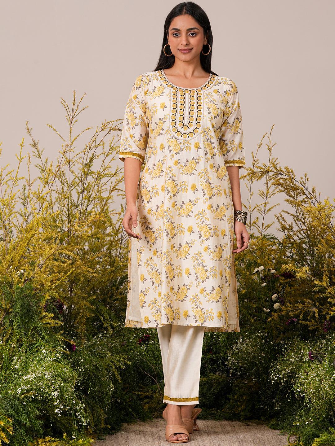 Beige Printed Chanderi Silk Straight Kurta Set - Libas