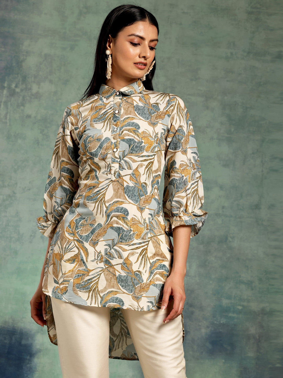 Beige Printed Silk Blend A-Line Kurti - Libas 