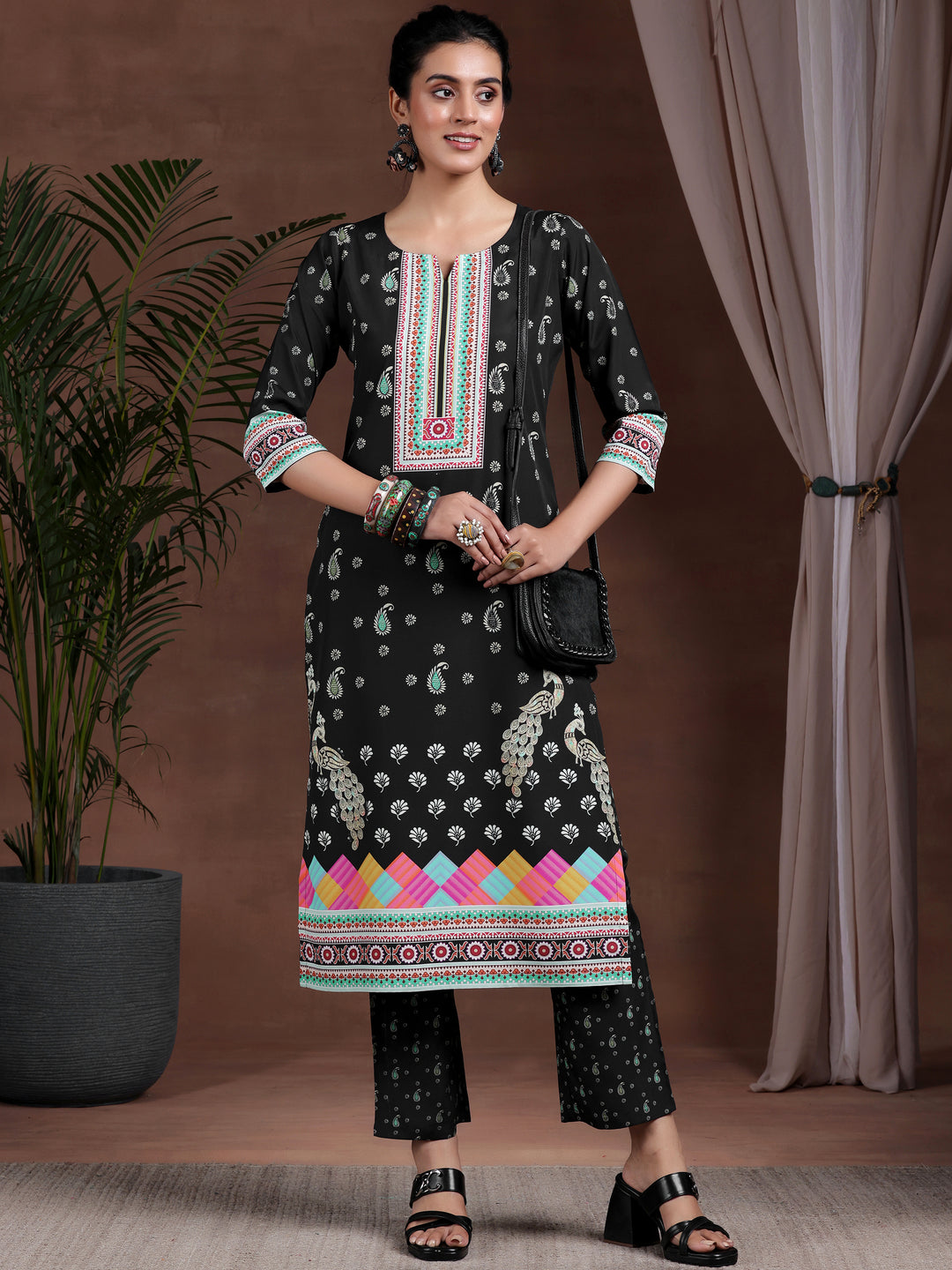 Black Printed Poly Crepe Straight Suit With Dupatta