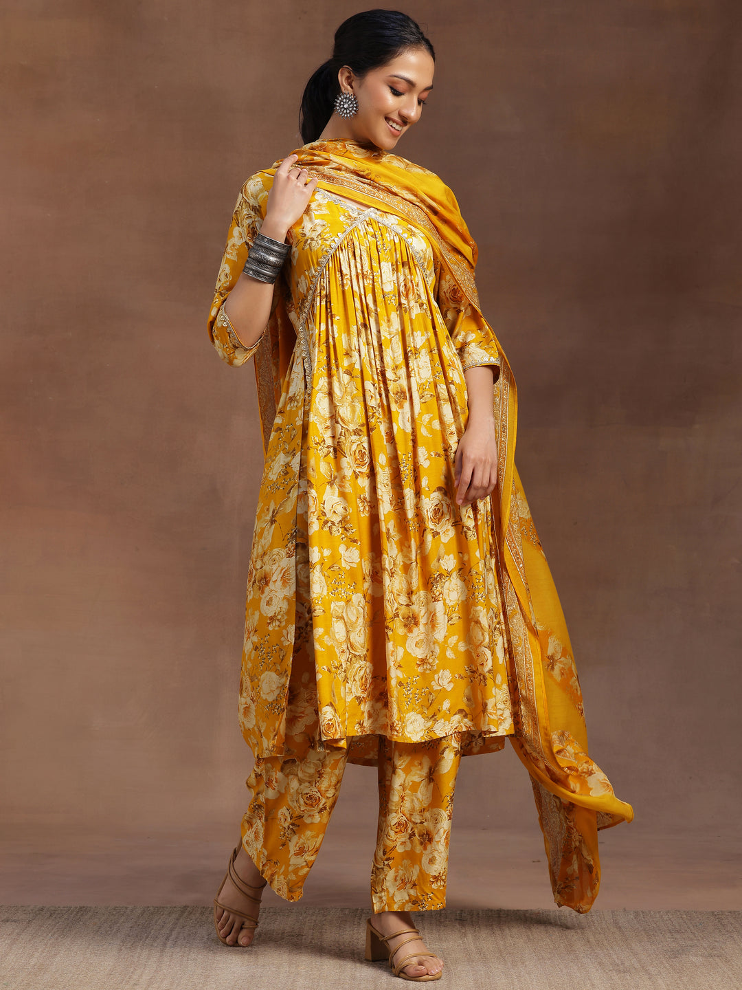  Yellow Printed Silk Blend A-Line Kurta With Palazzos & Dupatta 