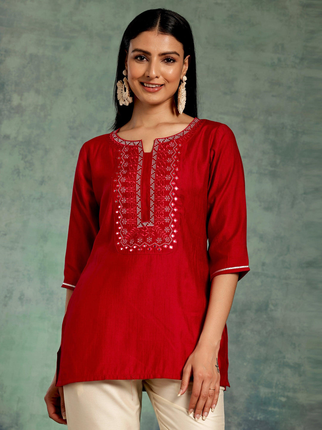 Hot Pink Yoke Design Silk Blend Straight Kurti - Libas 